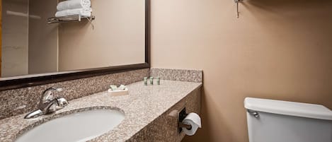 Un baño con encimera de granito, lavabo, espejo, inodoro y toallero.