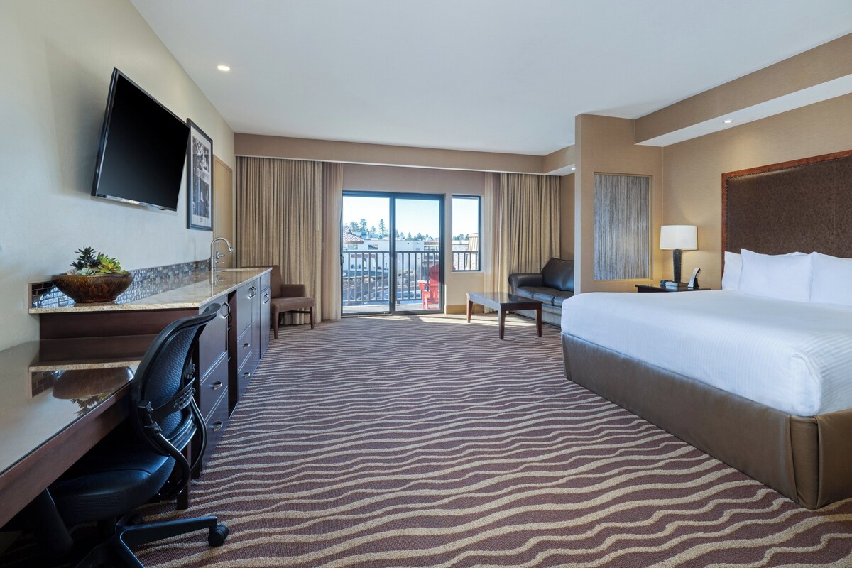 Habitación de hotel con una cama grande, un escritorio con silla, televisión y vistas al exterior.