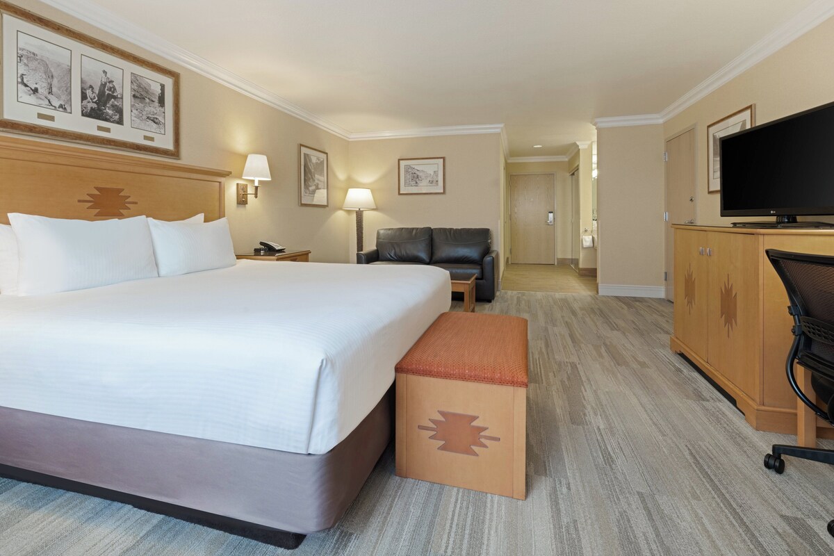 Habitación de hotel con una cama grande, un escritorio con lámpara, un sofá de cuero, un televisor y un armario.