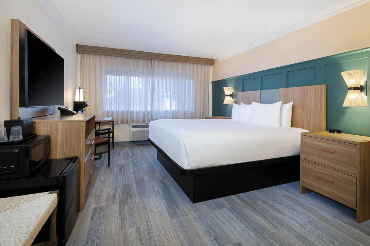 Habitación de hotel con una cama grande, un escritorio con televisor de pantalla plana, una silla, un aparador y una lámpara de pared.