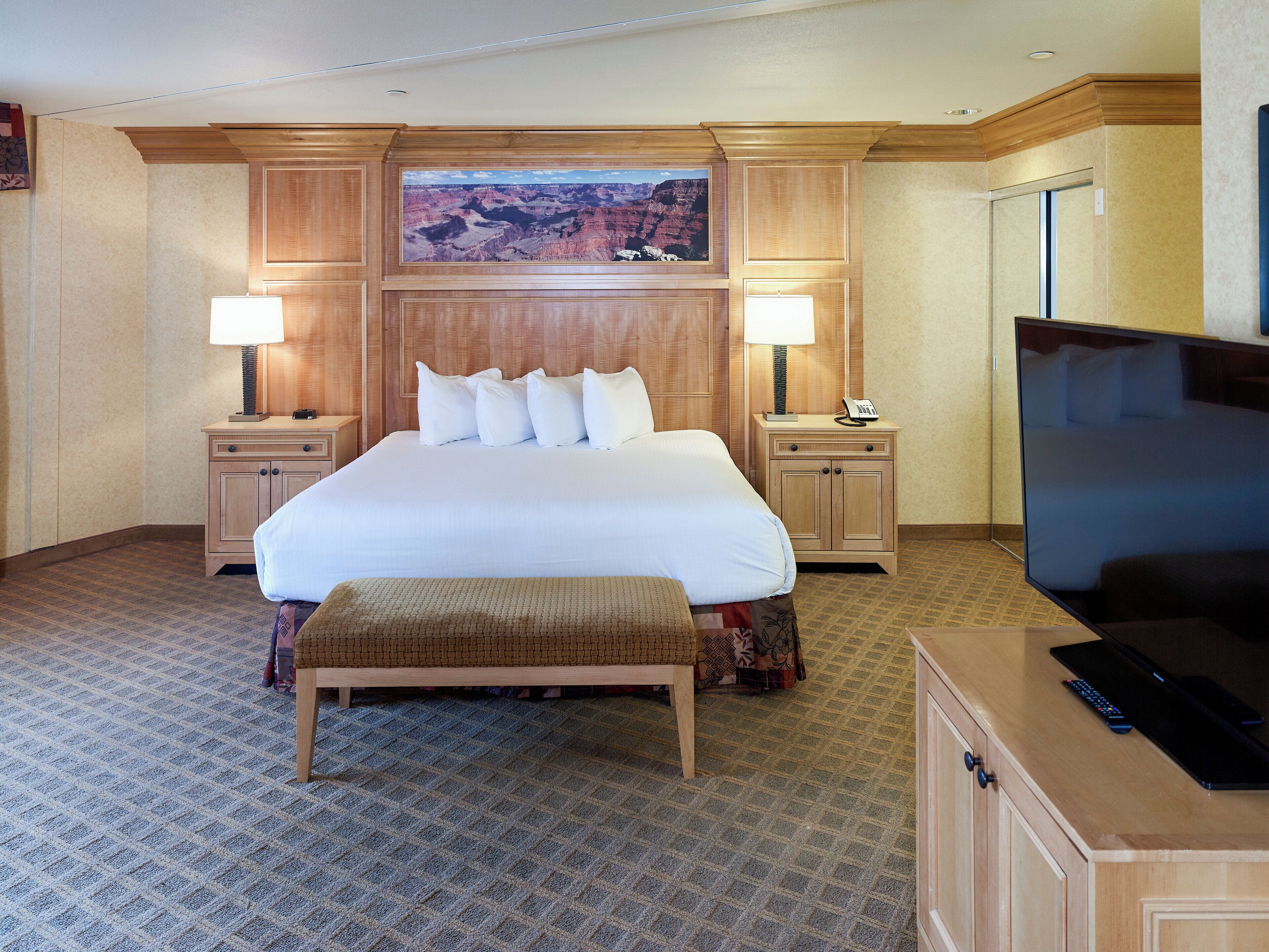A hotel room with a large bed, two bedside tables with lamps, a flat-screen TV, and a painting of a canyon on the wall.