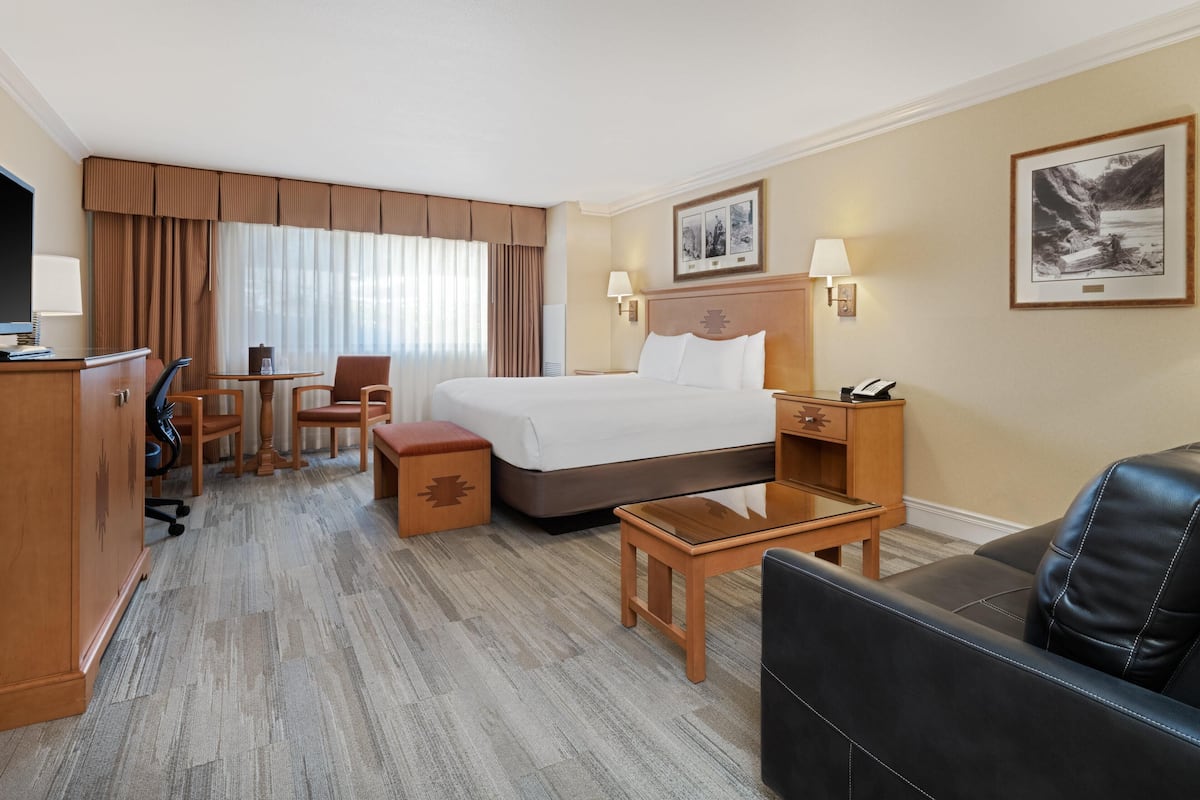 A hotel room with a bed, a desk, a chair, a sofa, a TV, and a window with curtains.