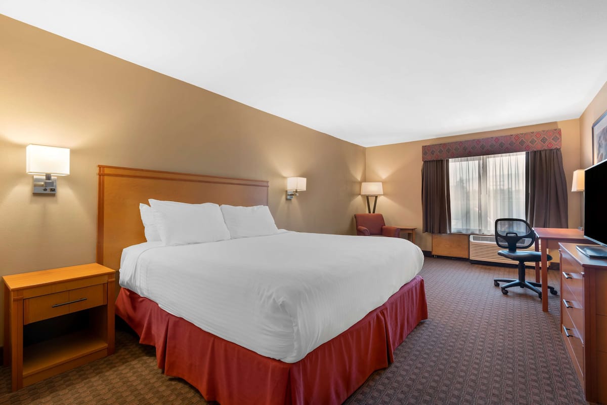 A hotel room with a large bed, a desk, a chair, a TV, and a window with curtains.