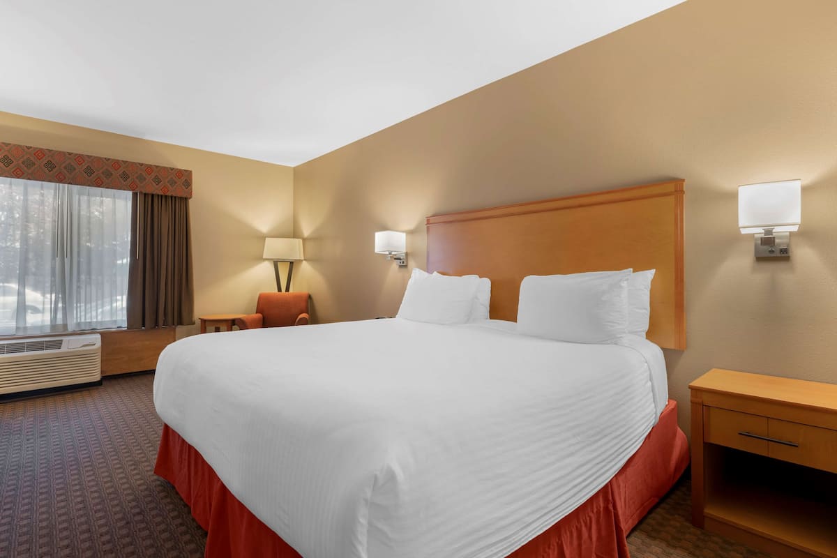 A hotel room with a large bed, a bedside table, a lamp, and a window with curtains.