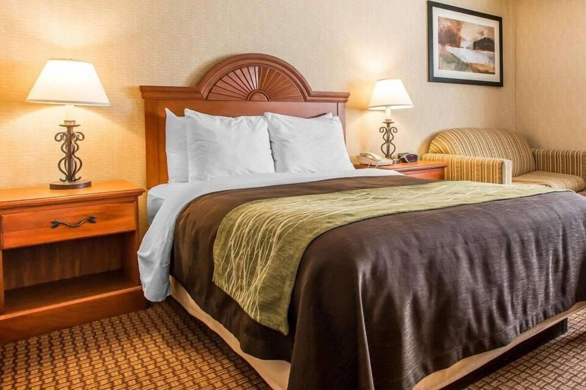 Habitación de hotel con cama, dos mesitas de noche, una silla, un cuadro enmarcado en la pared y una alfombra estampada.