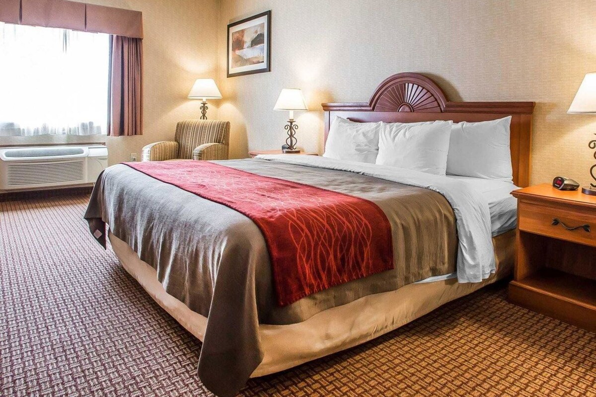 Habitación de hotel con una cama grande, dos lámparas de noche, una silla, una ventana con cortinas y un cuadro colgado en la pared.
