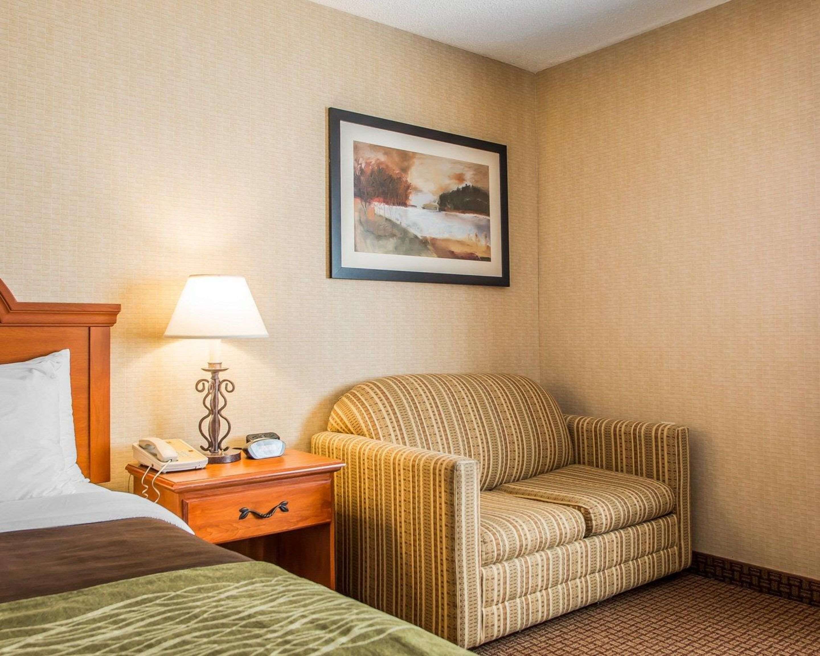 Une chambre d’hôtel avec un lit, une table de chevet avec une lampe, un téléphone et un tableau encadré au mur.