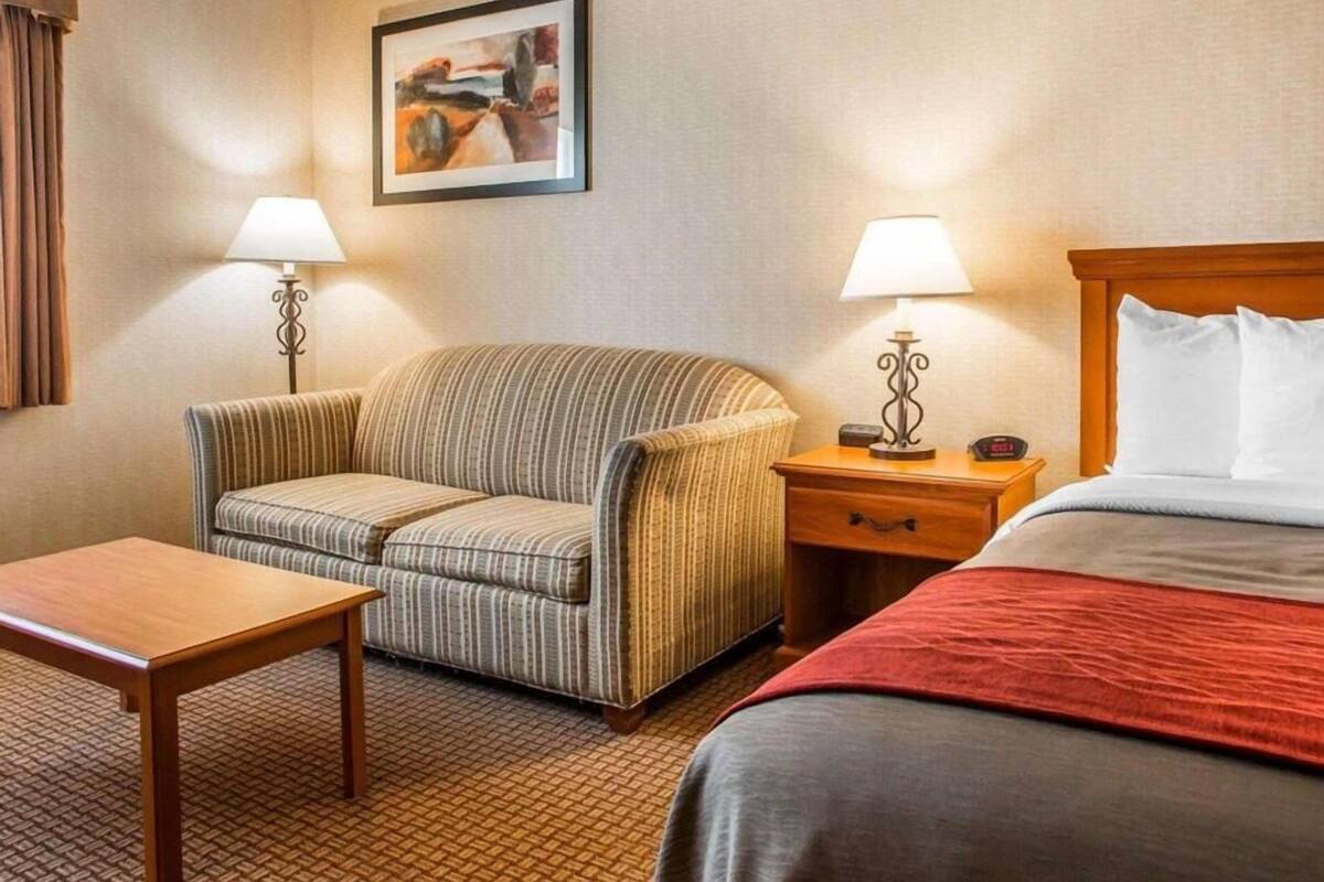 Habitación de hotel con cama, dos sillones, una mesita, dos lámparas de noche, un cuadro en la pared y una ventana con cortinas.