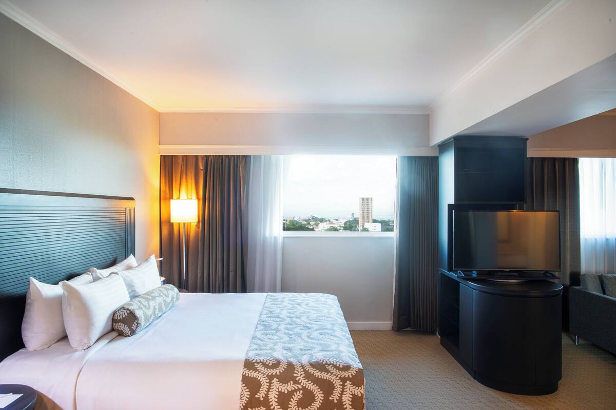 A hotel room with a large bed, a flat-screen TV, a bedside table, and a window with a city view.