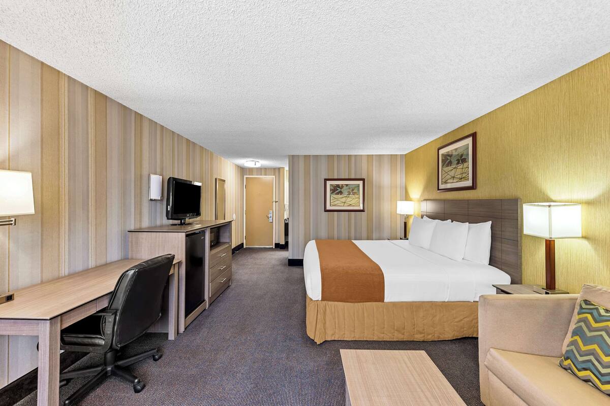 A hotel room with a bed, desk, chair, TV, and lamps.