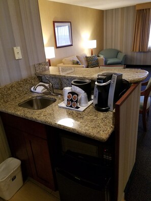 Fridge, microwave, coffee/tea maker