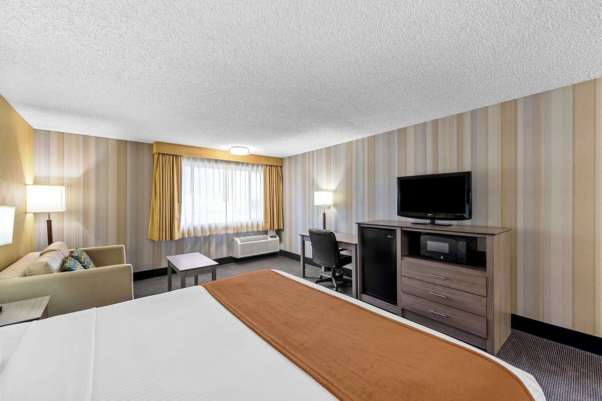 A hotel room with a bed, a desk, a television, and a minibar.