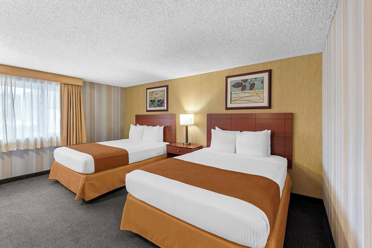 A hotel room with two beds, a nightstand, a lamp, and two framed pictures on the wall.