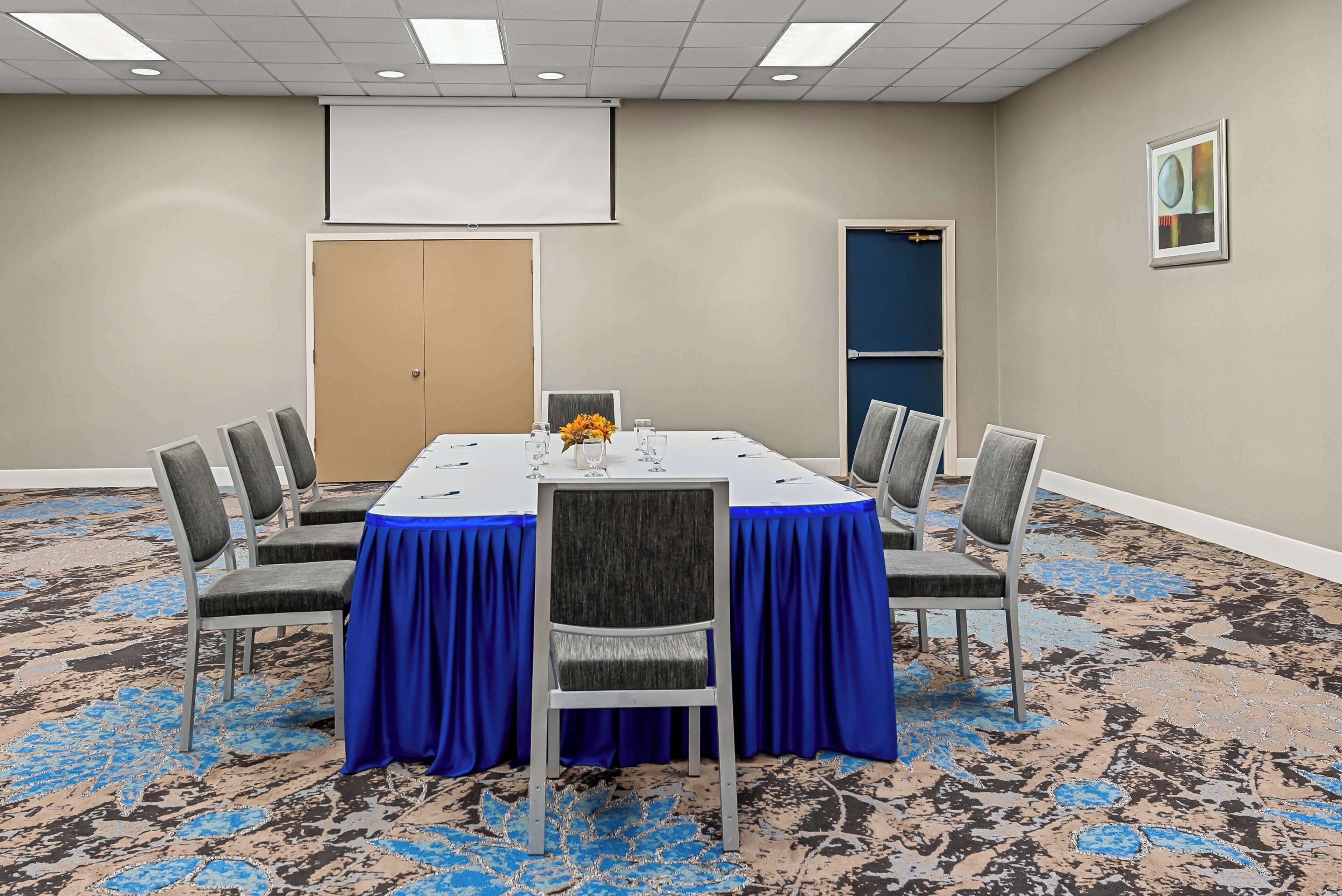 Una sala de conferencias con mantel azul, sillas grises, una pantalla de proyector y piso alfombrado.