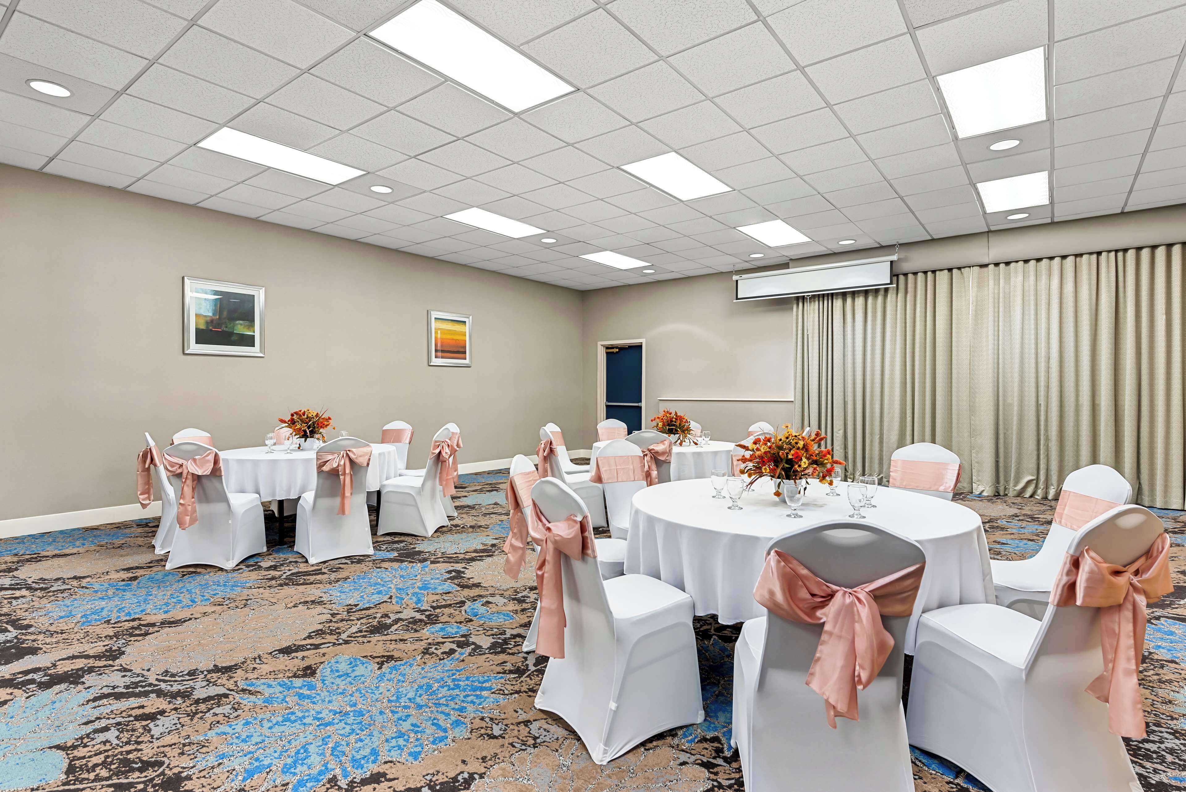 A conference room with round tables, white chairs with pink sashes, beige walls, and a carpeted floor.