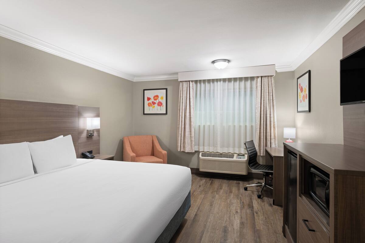 A hotel room with a large bed, a desk with a chair, a television, and a window with curtains.