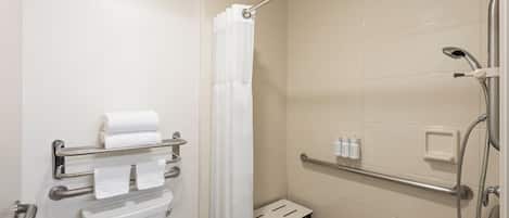 A bathroom with a toilet, a shower, and a grab bar.