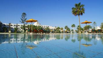 Indoor pool, outdoor pool, pool umbrellas, sun loungers