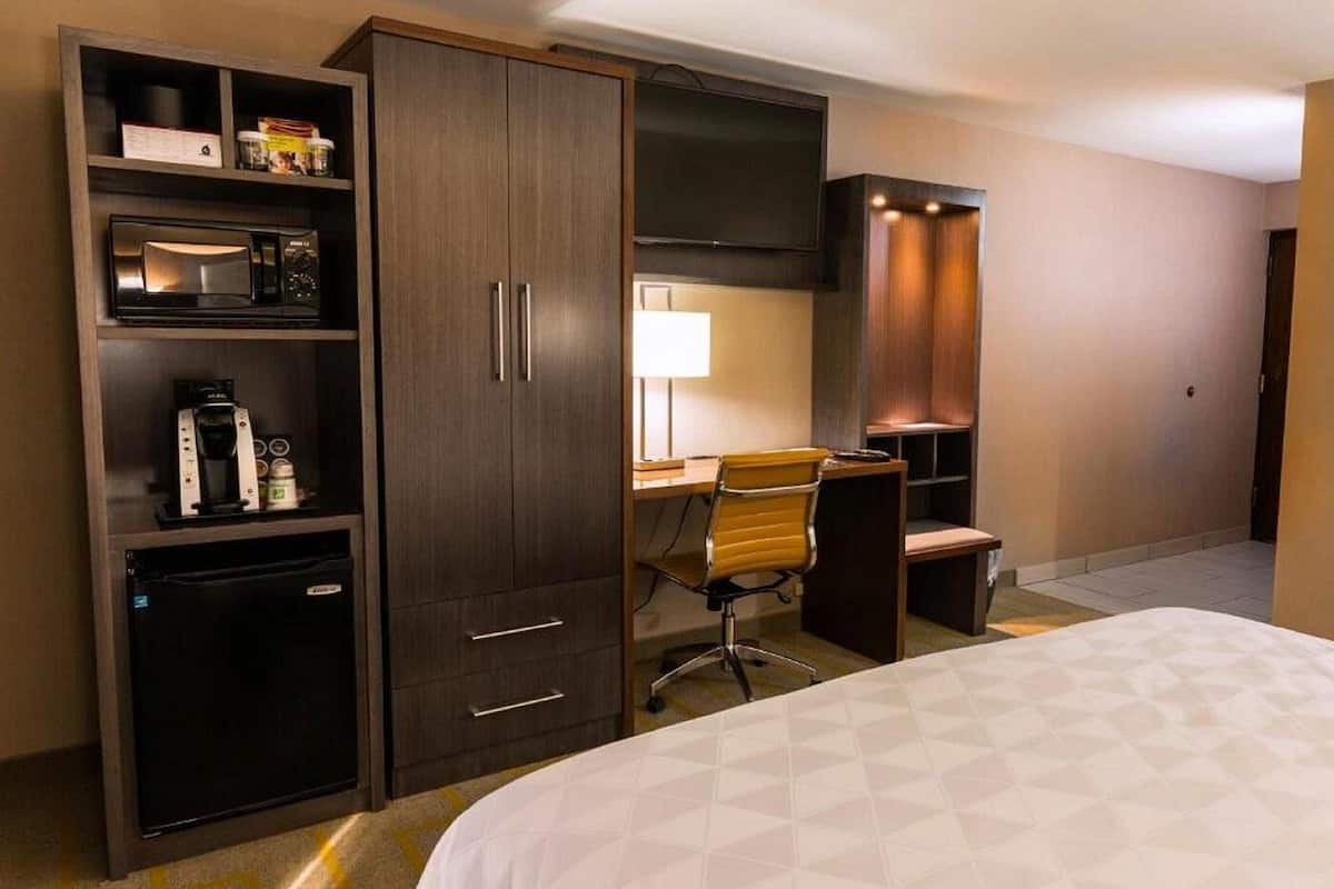 A hotel room with a bed, a desk with a chair, a wardrobe, a television, and a coffee machine.