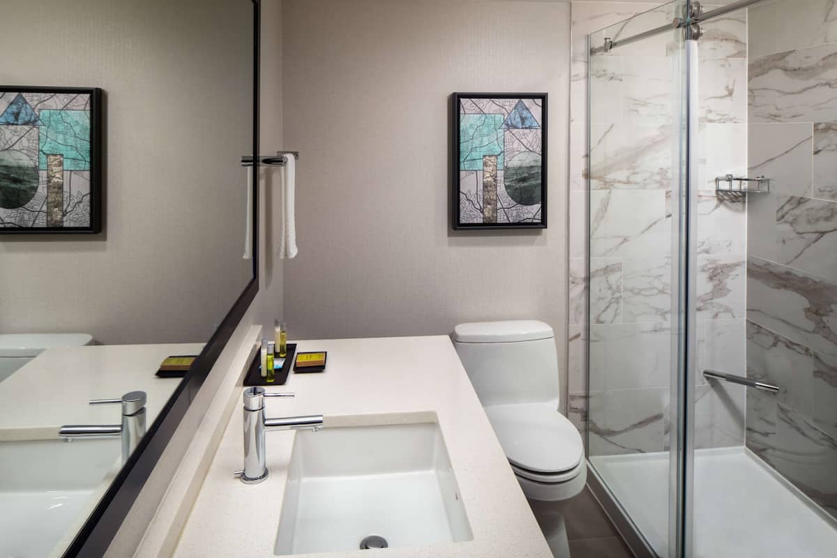 designer toiletries, hair dryer, towels