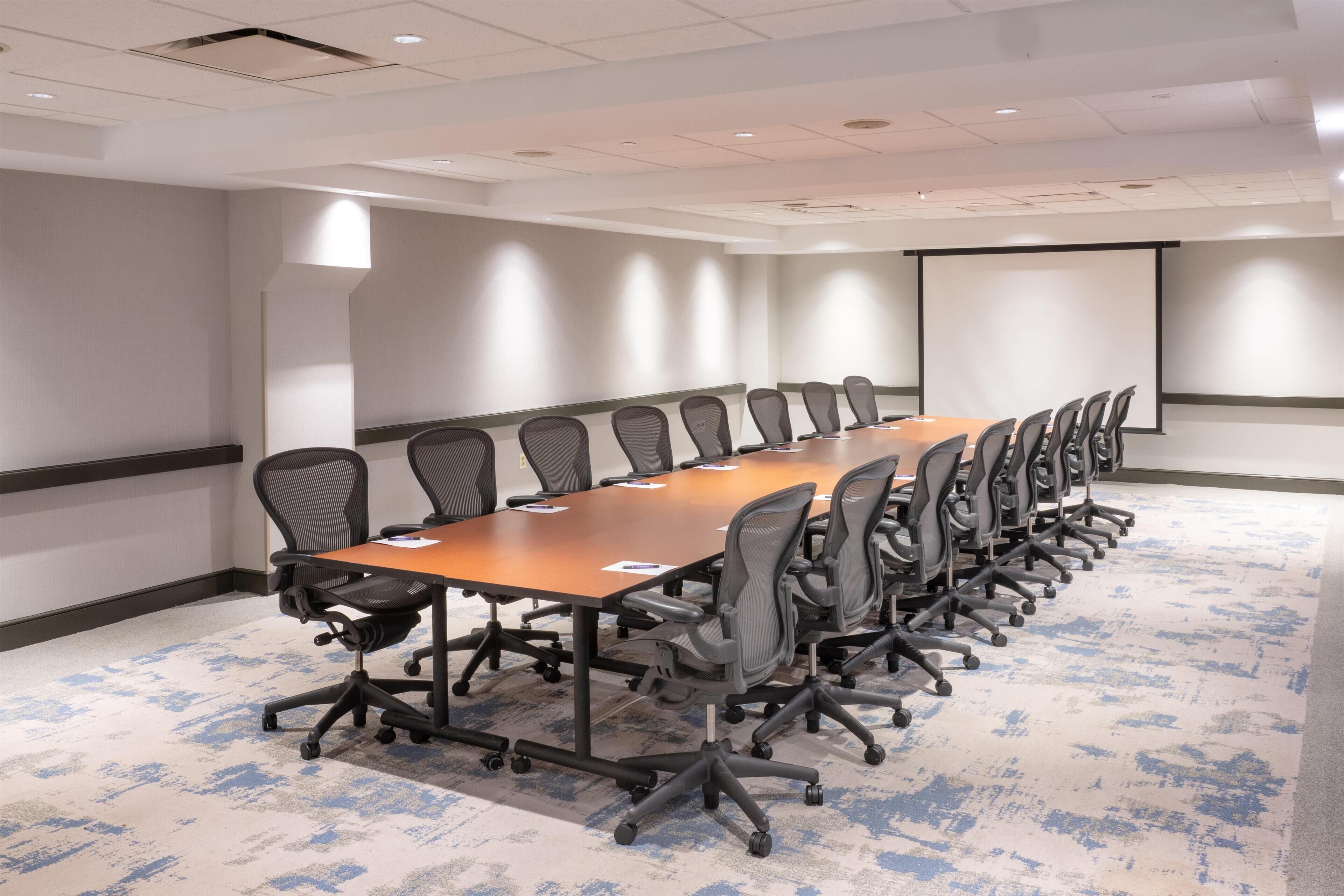 Une salle de conférence avec une longue table, des chaises, un écran de projection et un sol recouvert de moquette.
