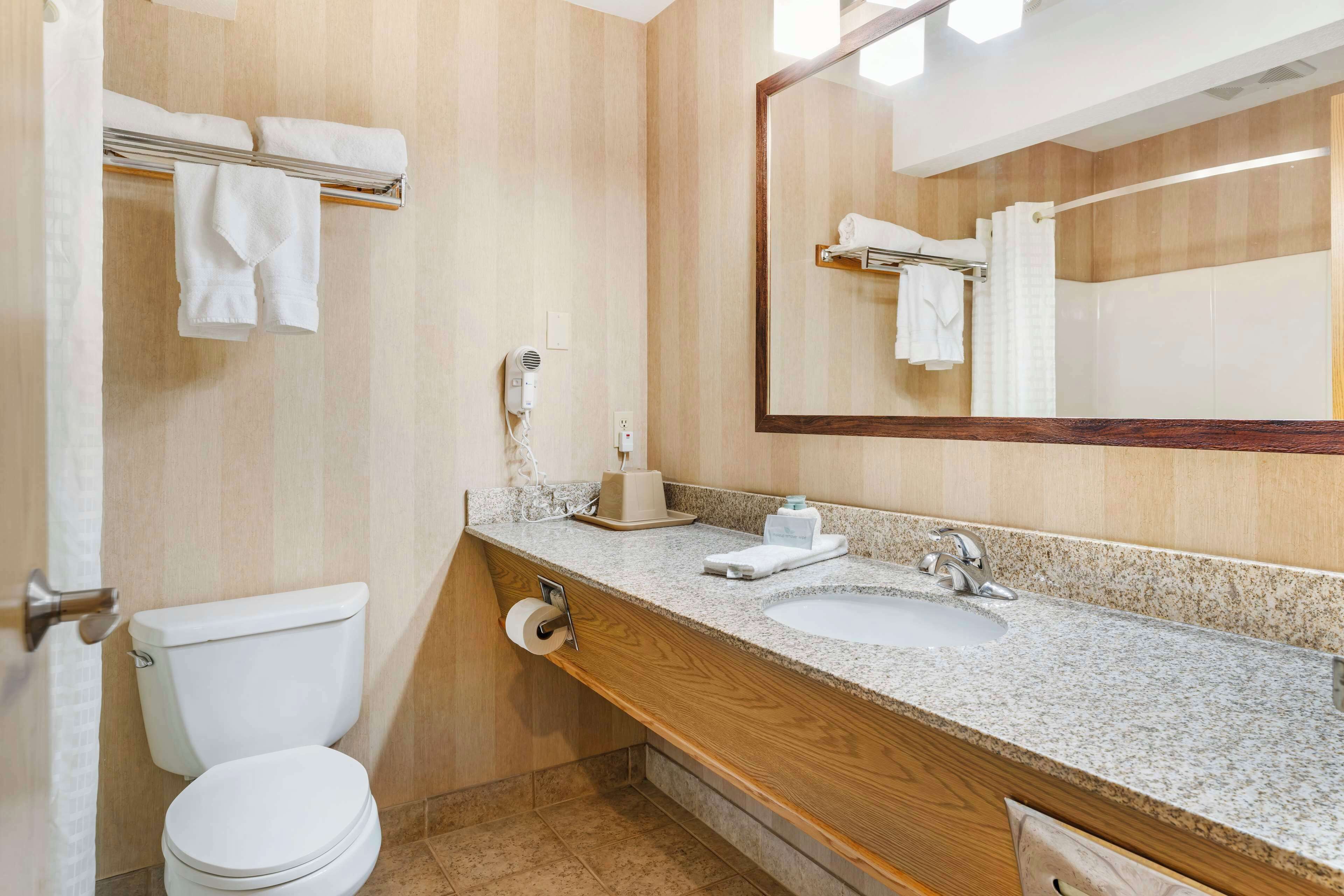 eco-friendly toiletries, hair dryer, towels