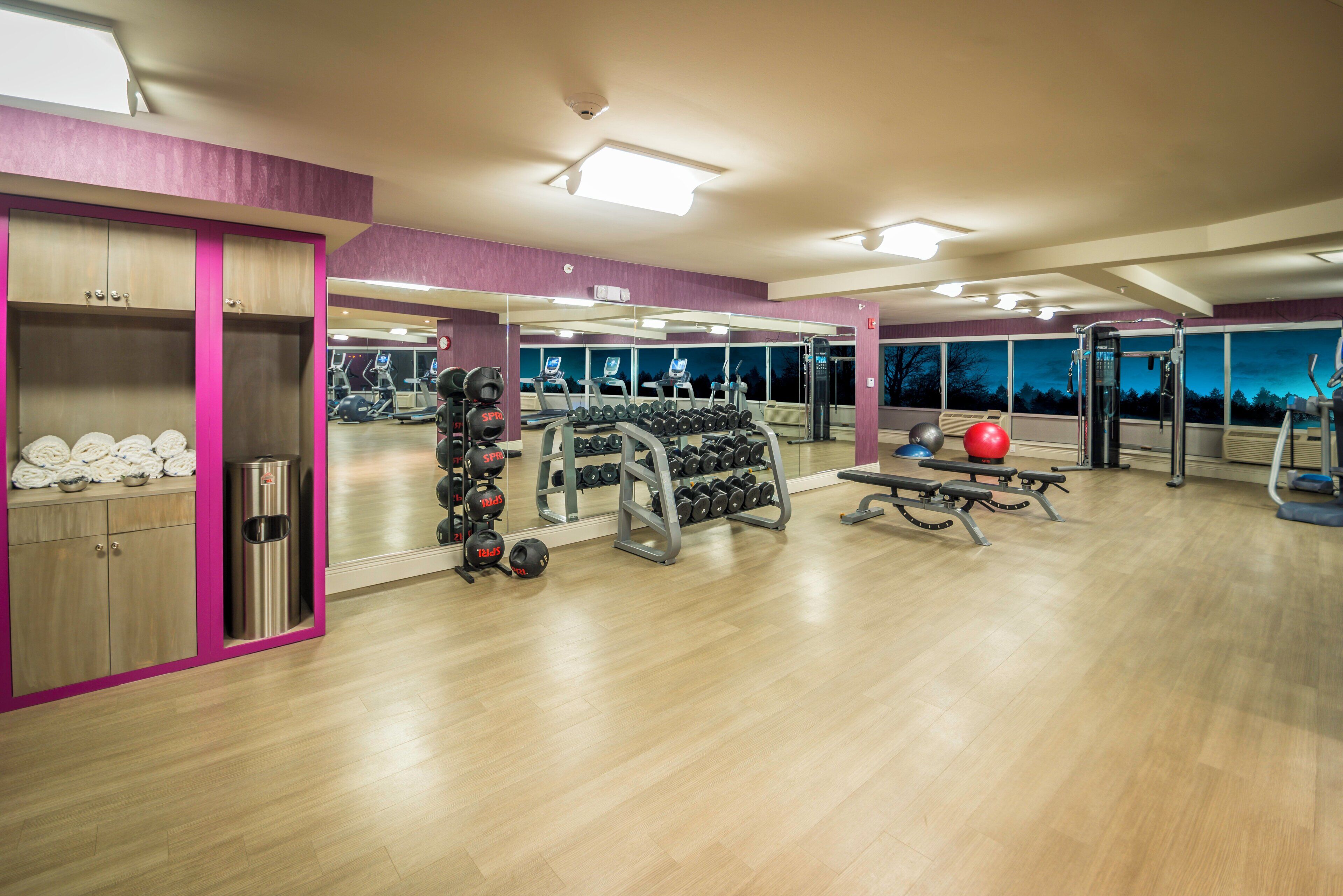A gym with exercise equipment, a mirror, and a view of the outside.