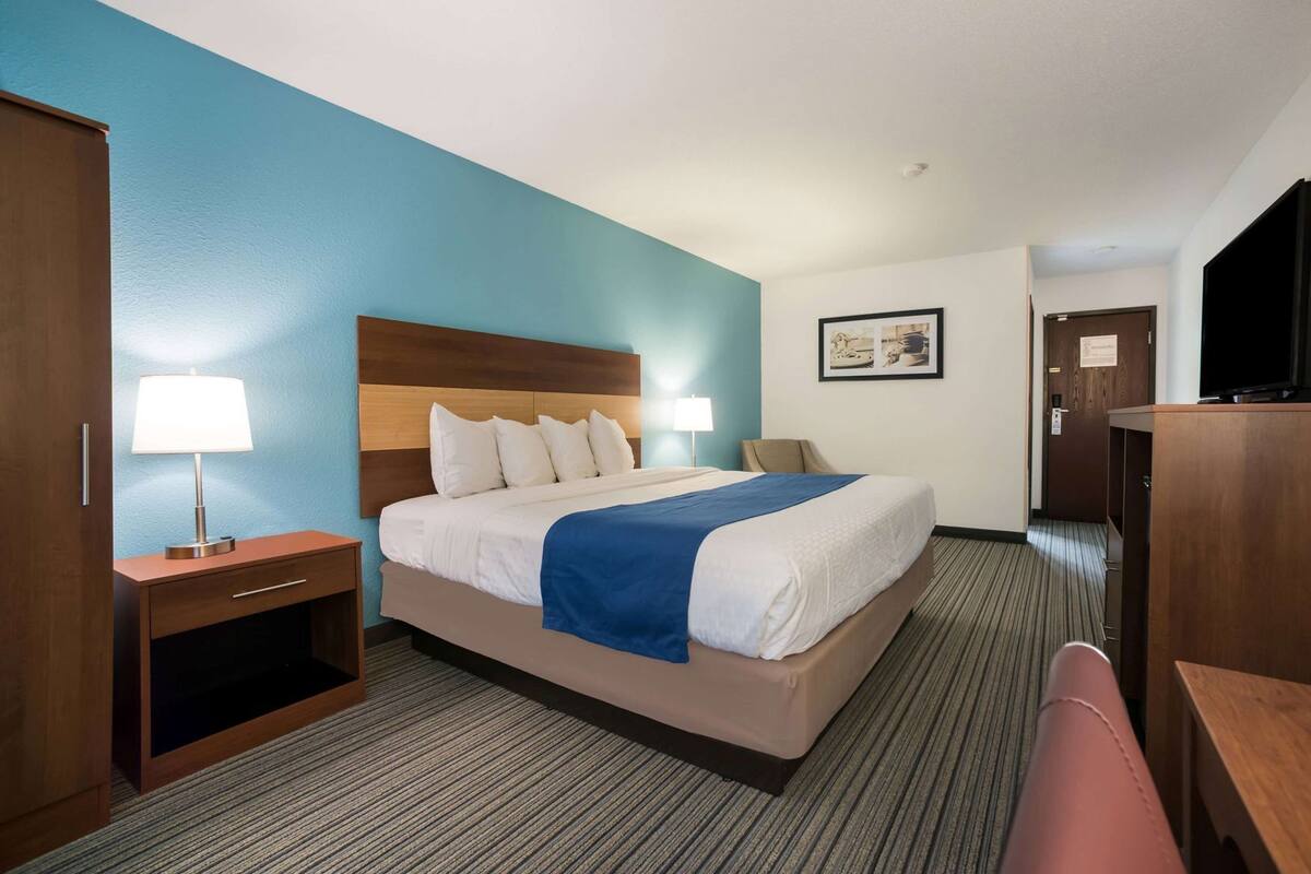A hotel room with a bed, bedside table, lamp, chair, desk, television, and a framed picture on the wall.