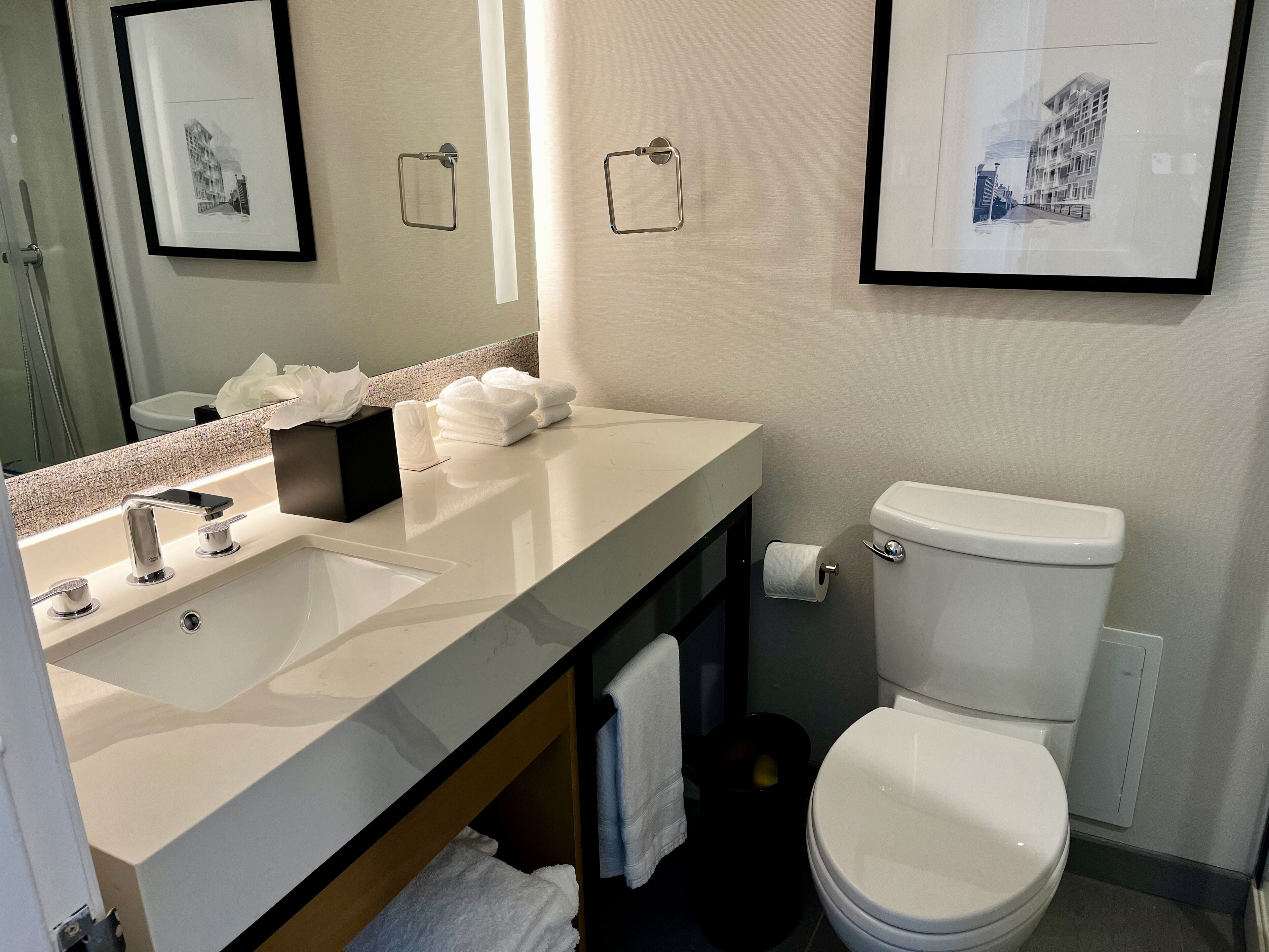 Combined shower/bathtub, eco-friendly toiletries, hair dryer, bathrobes