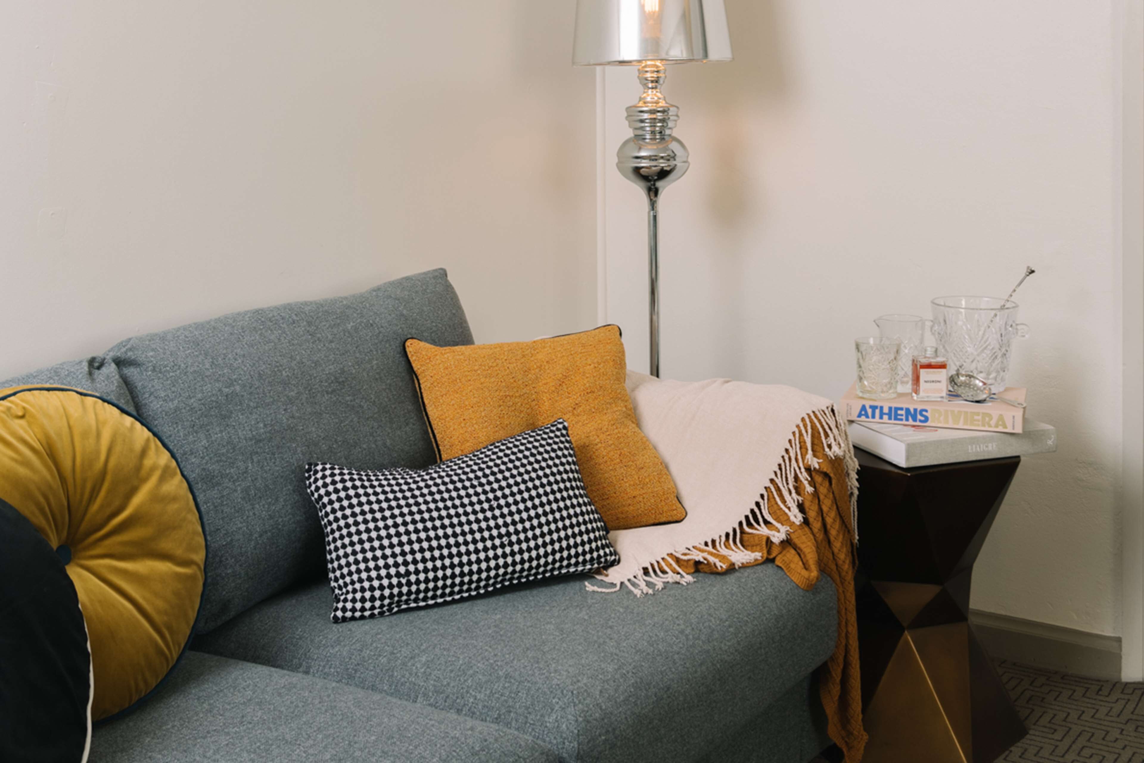 premium bedding, minibar, desk, laptop workspace