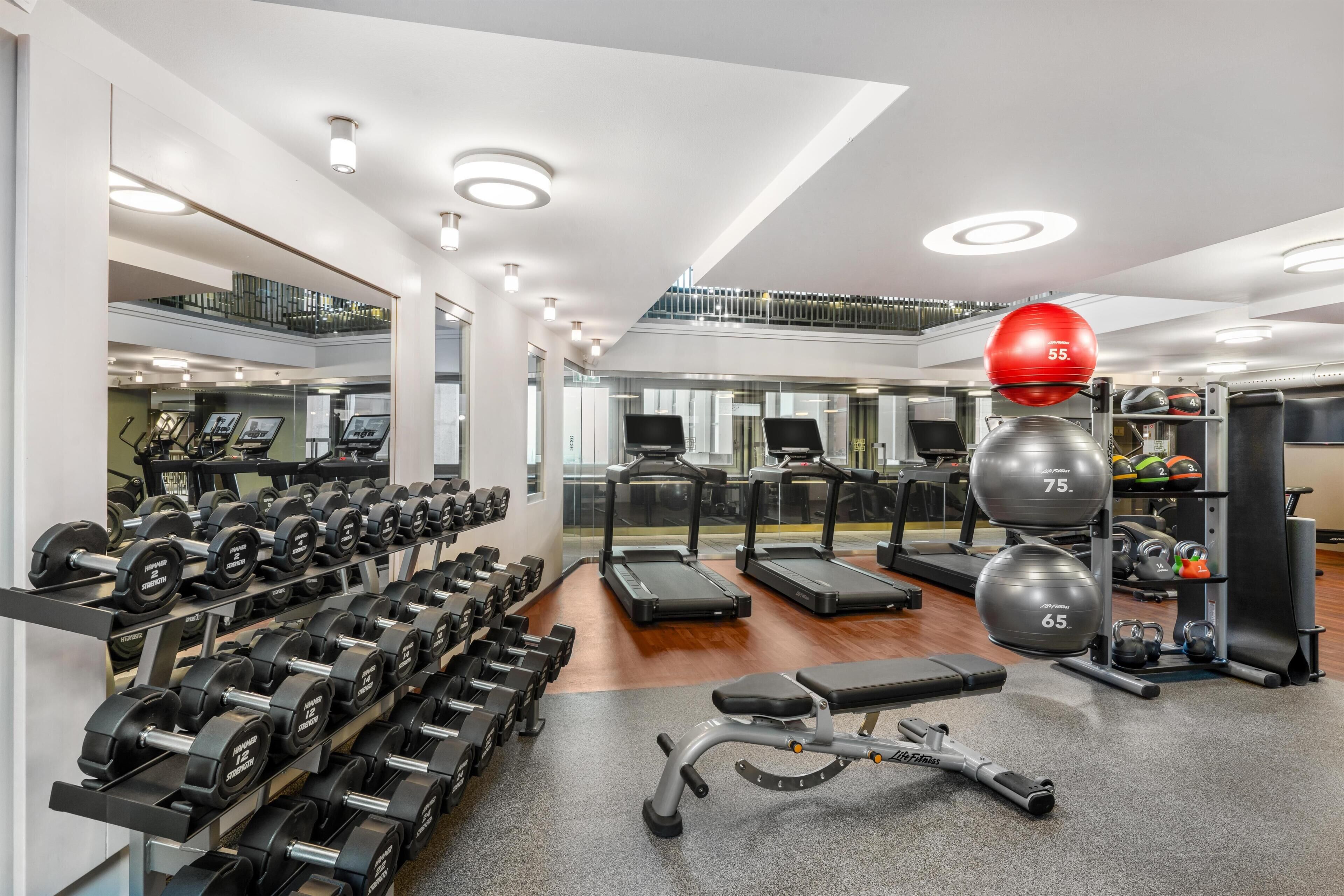 A modern gym with treadmills, dumbbells, and exercise balls.