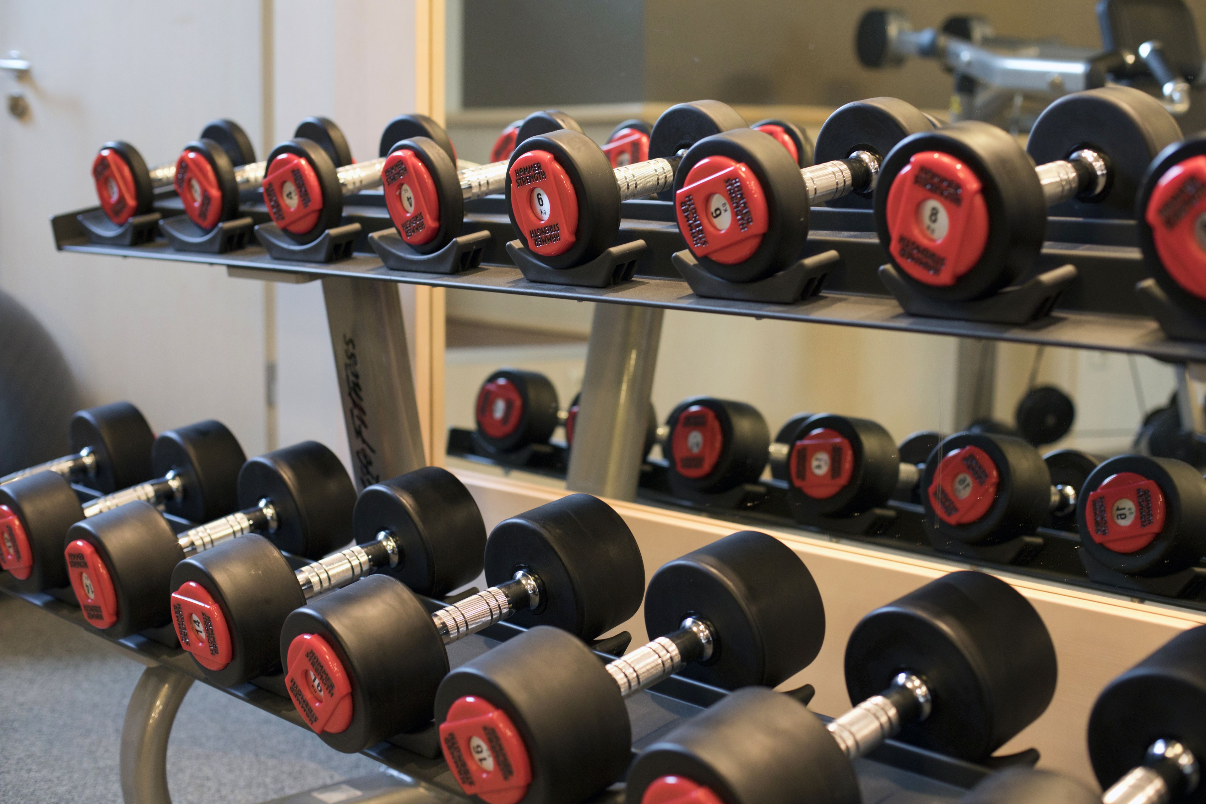A rack of black and red dumbbells with weight markings.
