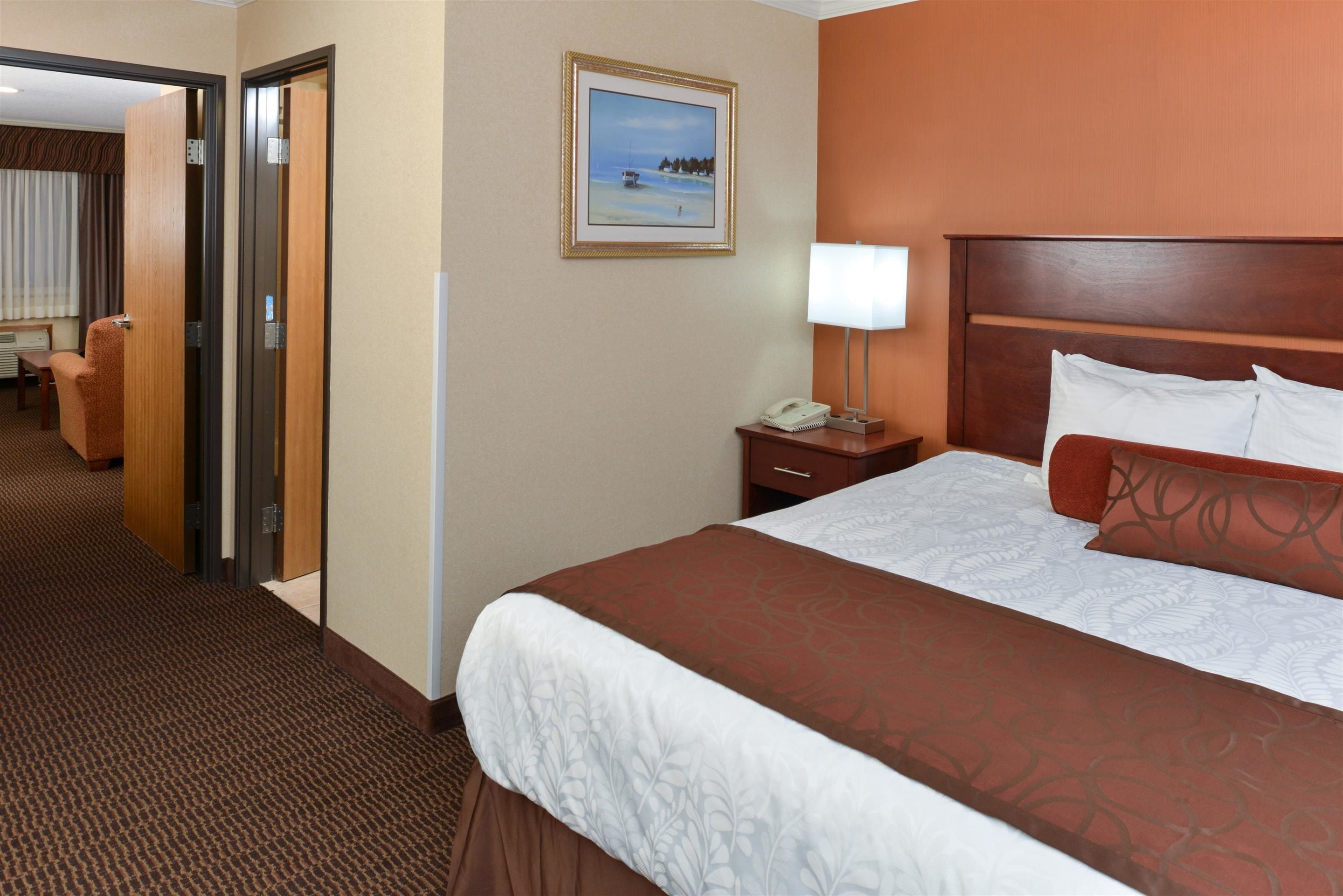 A hotel room with a large bed, a bedside table with a lamp, a framed picture on the wall, and a door leading to another room.