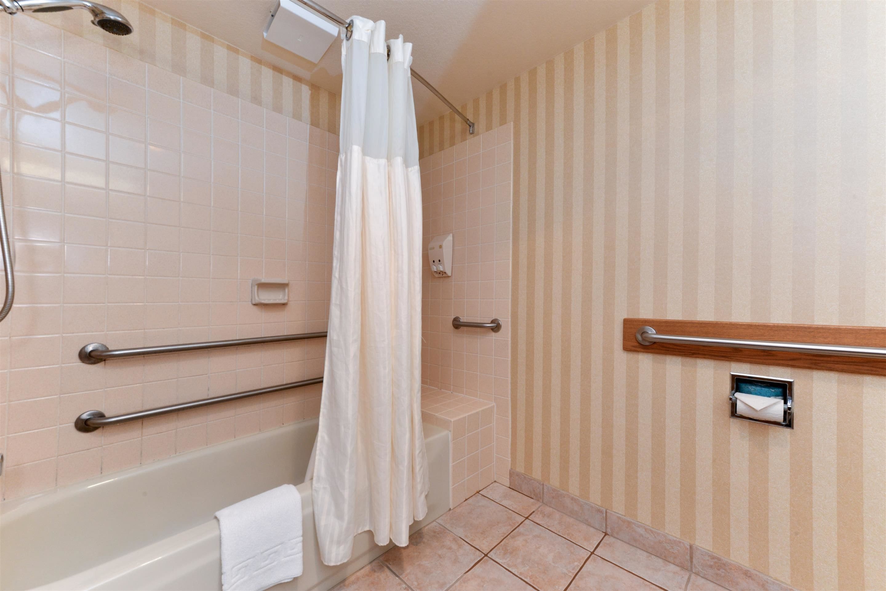Een badkamer met douche, handgrepen, een handdoekrek en een handdroger.