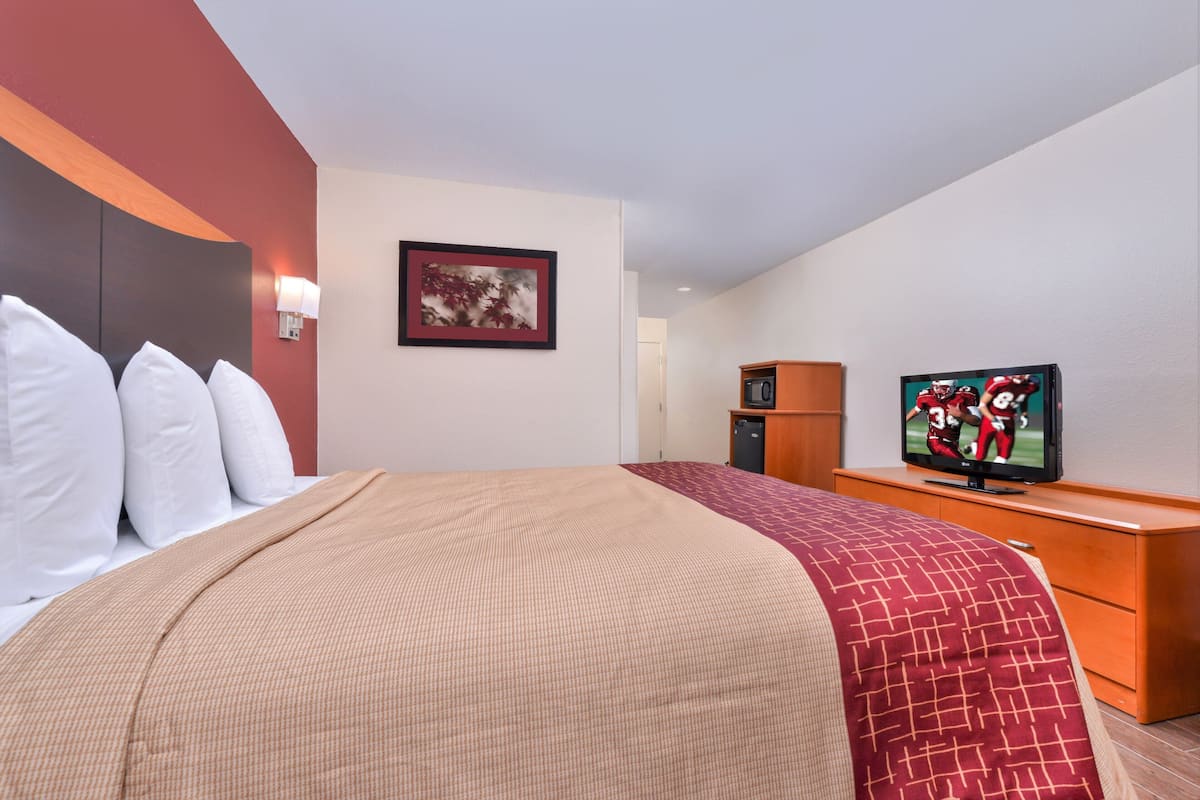 Habitación de hotel con cama, televisión, escritorio y un cuadro en la pared.