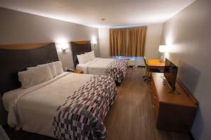 Deluxe Room, 2 Queen Beds (Smoke Free) | Desk, laptop workspace, blackout drapes, iron/ironing board