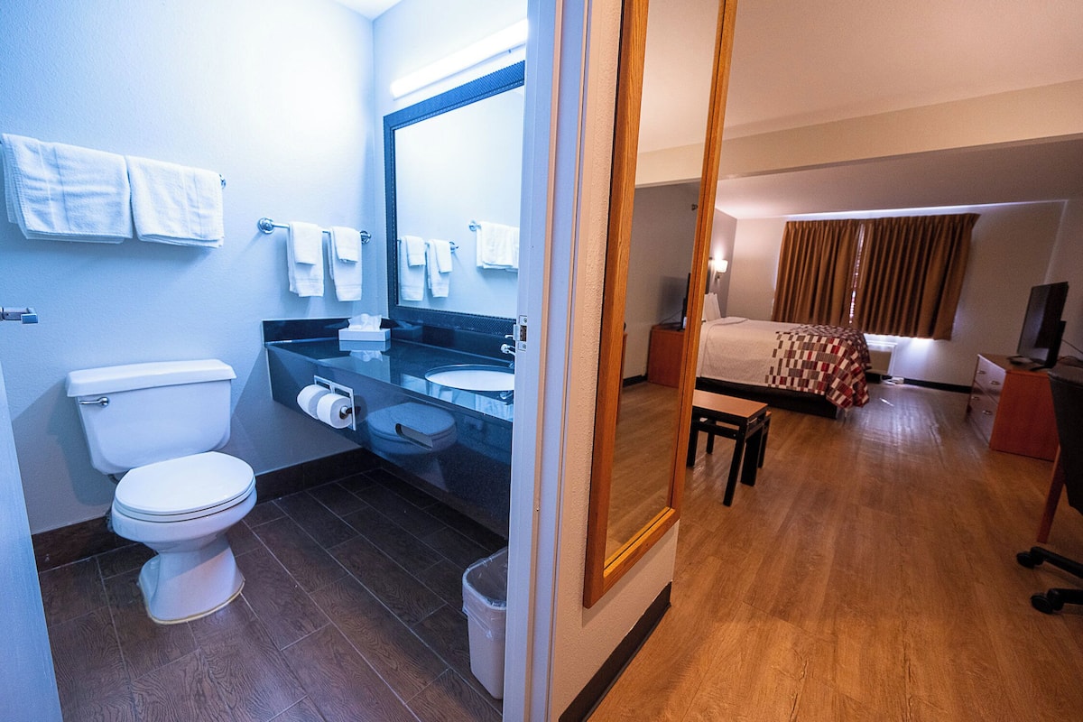 A hotel bathroom with a toilet, sink, and mirror.