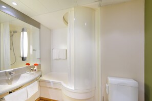 Combined shower/tub, eco-friendly toiletries, hair dryer, bathrobes