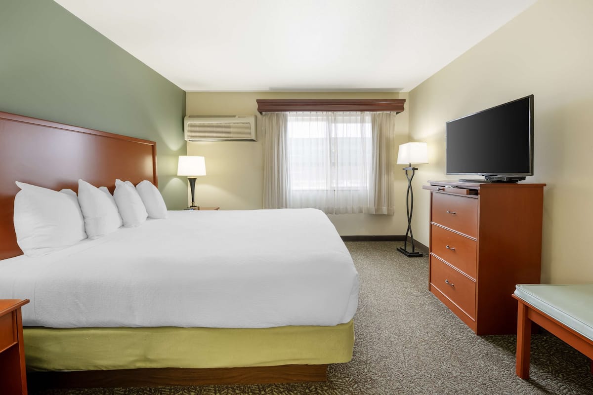 Una habitación de hotel con una cama grande, televisor, escritorio y cómoda.