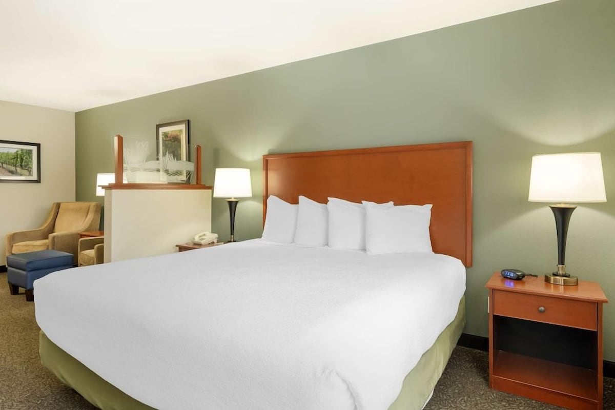 A hotel room with a large bed, two bedside tables, a chair, and a desk.