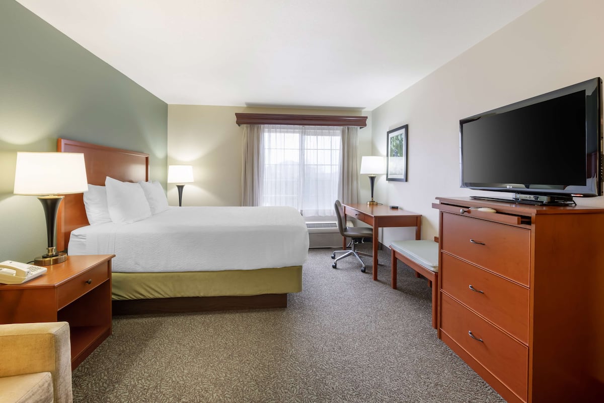 A hotel room with a bed, desk, television, and a chair.