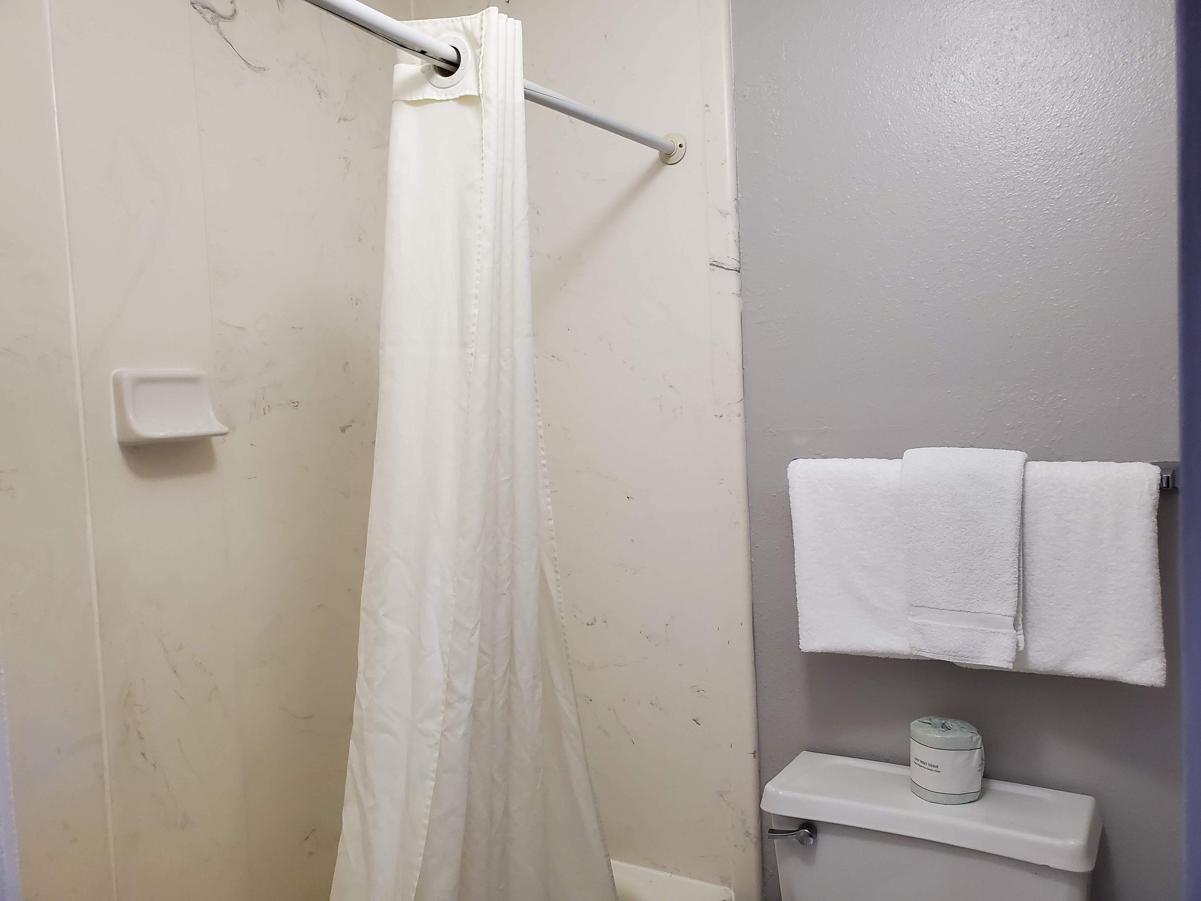A bathroom with a shower curtain, a towel rack with two towels, a toilet, and a soap dispenser.