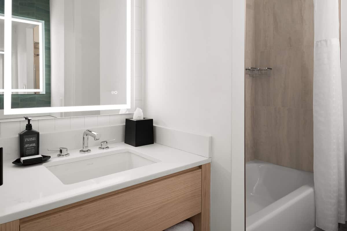 Combined shower/bathtub, eco-friendly toiletries, hair dryer, towels