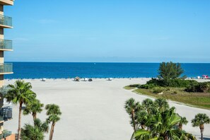 A beachfront hotel with a view of the ocean, palm trees, and a clear sky.