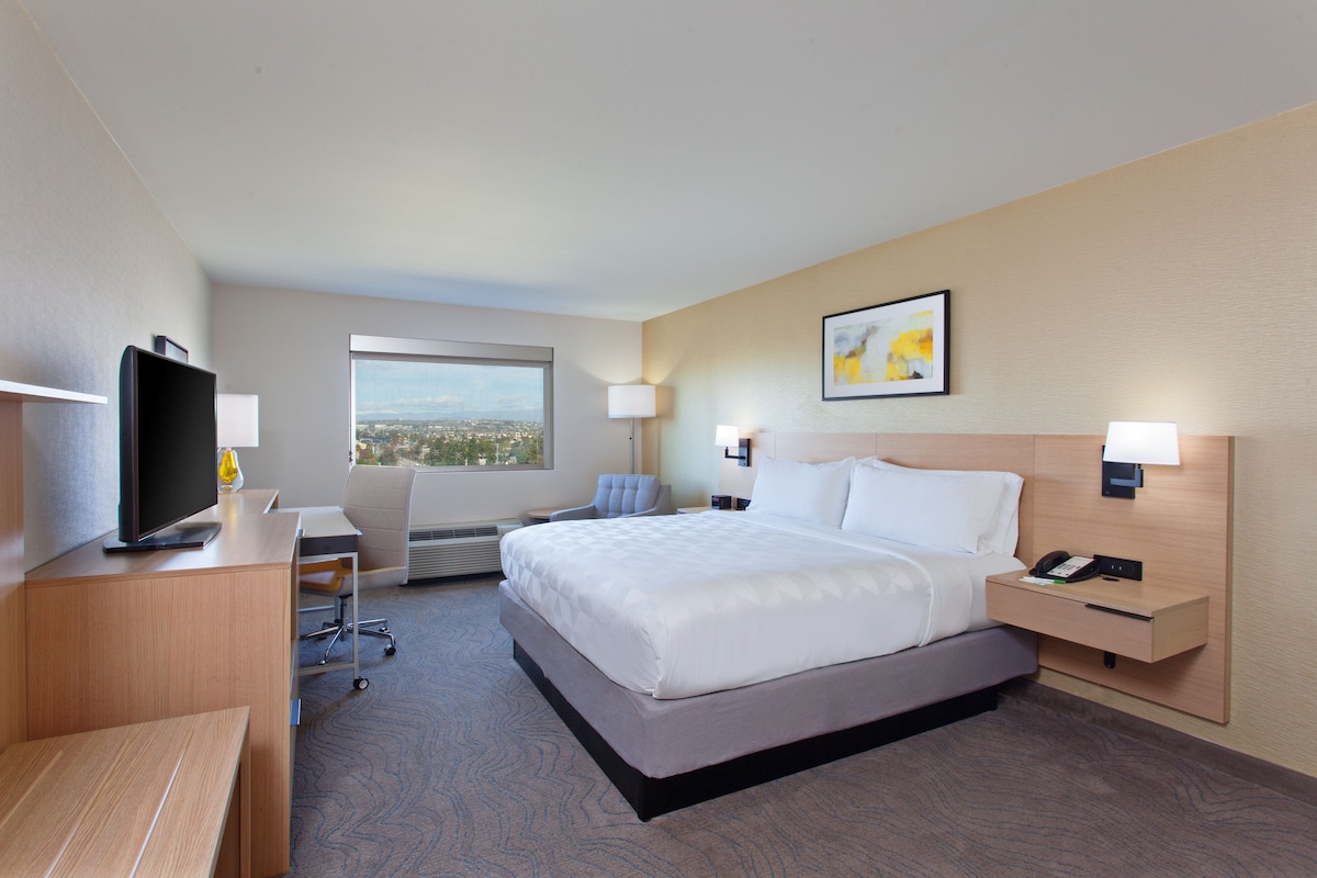 A hotel room with a large bed, a desk, a television, a chair, and a window with a city view.