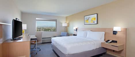 Habitación de hotel con cama, mesitas de noche, escritorio, televisor, ventana con vista a la ciudad y un cuadro en la pared.