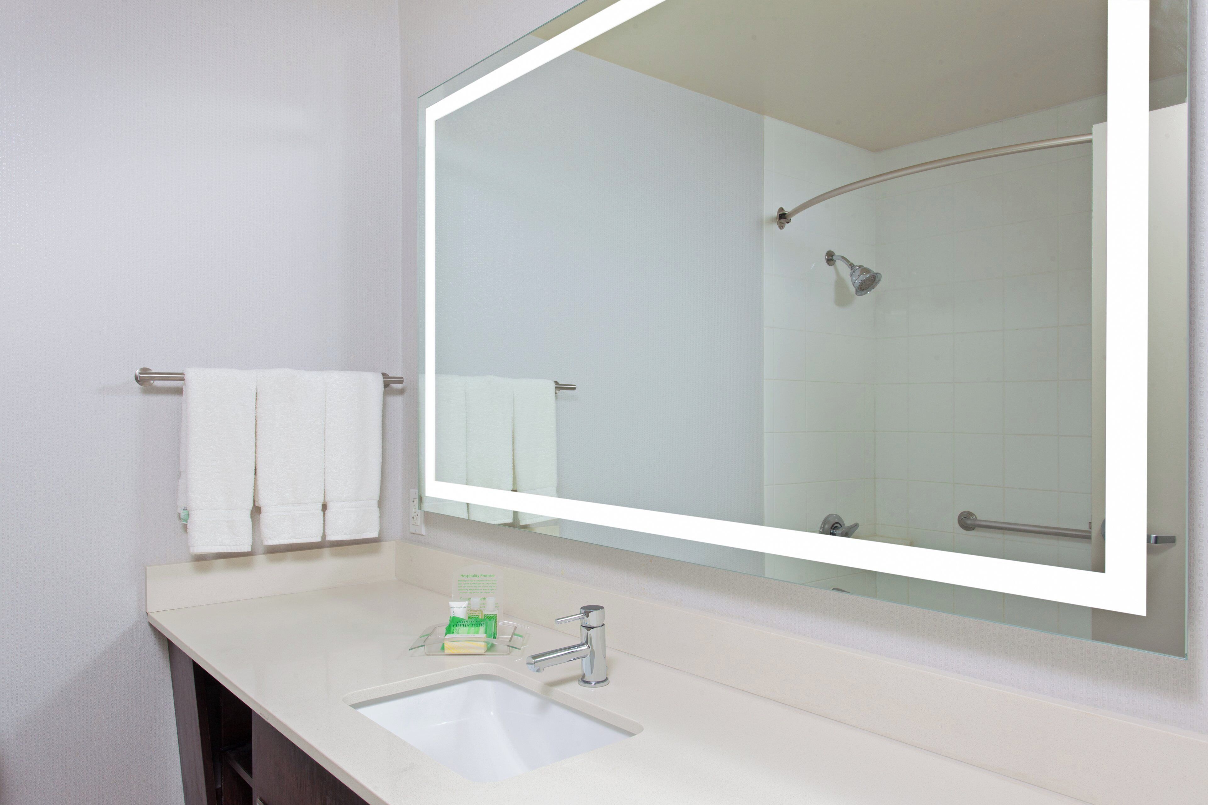 A bathroom with a large mirror, a sink, and a shower.