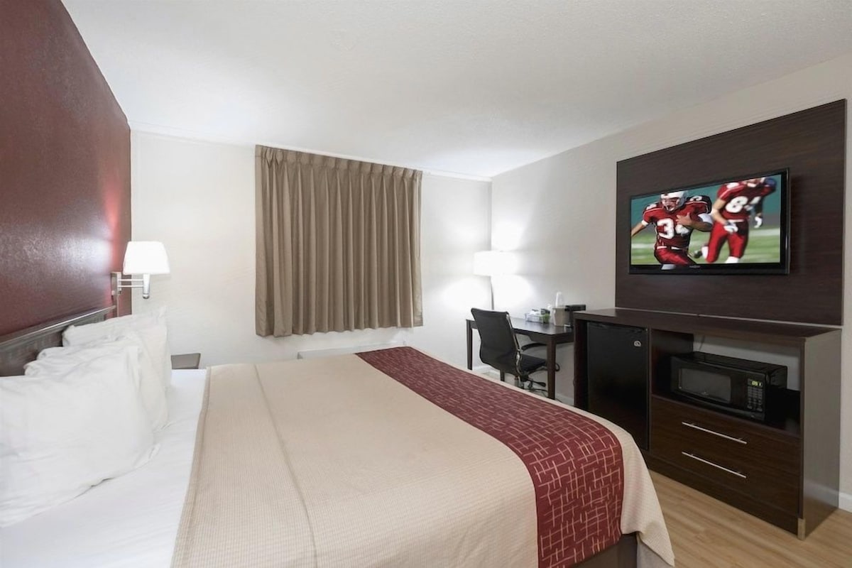 A hotel room with a bed, a desk, a television, and a microwave.