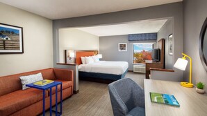 Una habitación de hotel con cama, sofá, escritorio y silla.