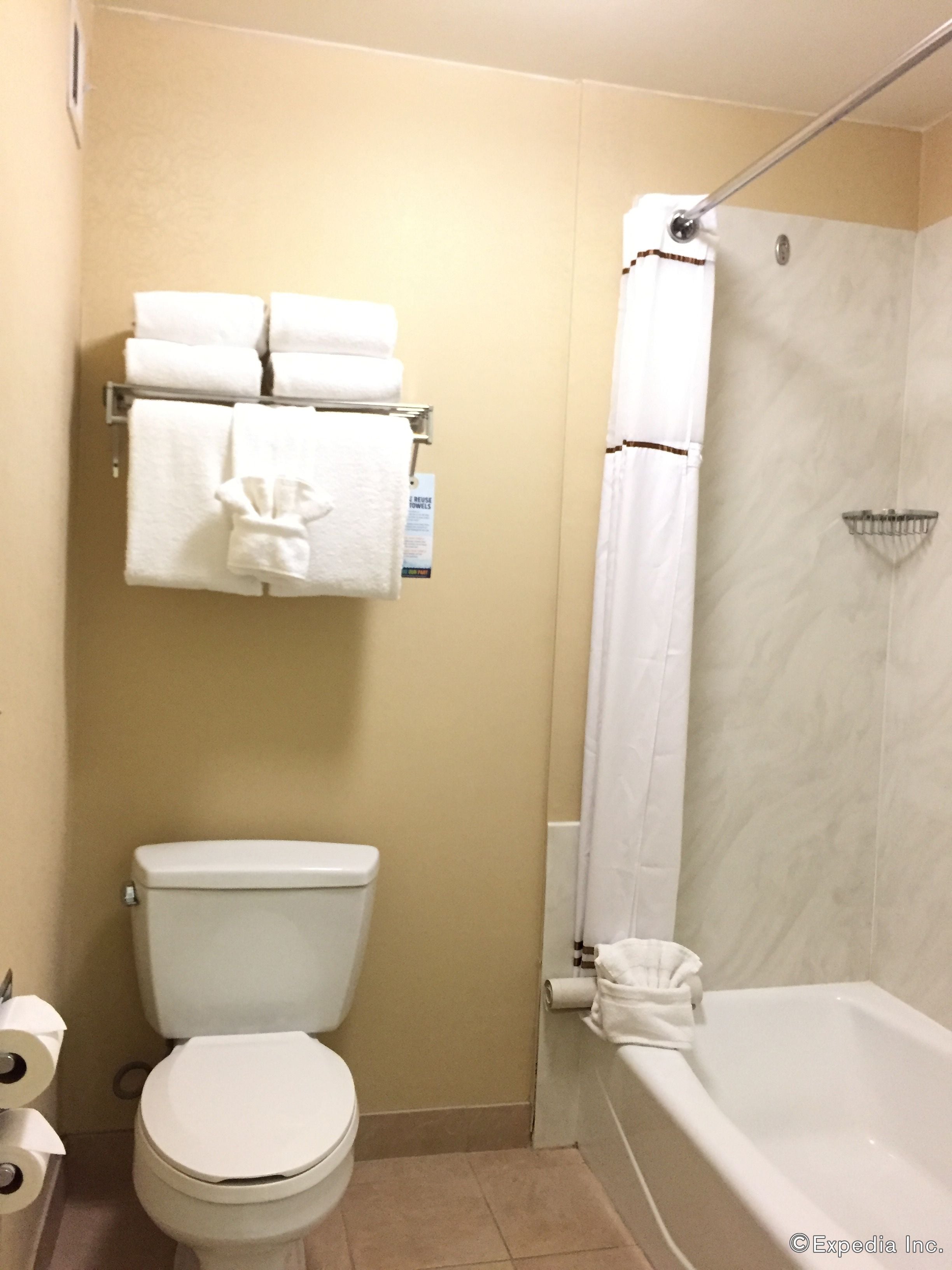 Ein Badezimmer mit Toilette, einem Handtuchhalter mit gefalteten Handtüchern, einer Duschvorhang und einer Badewanne.